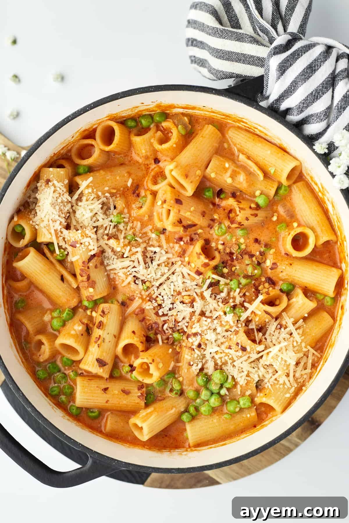 One Pot Spicy Rigatoni overhead shot, showcasing a vibrant pasta dish ready to be served