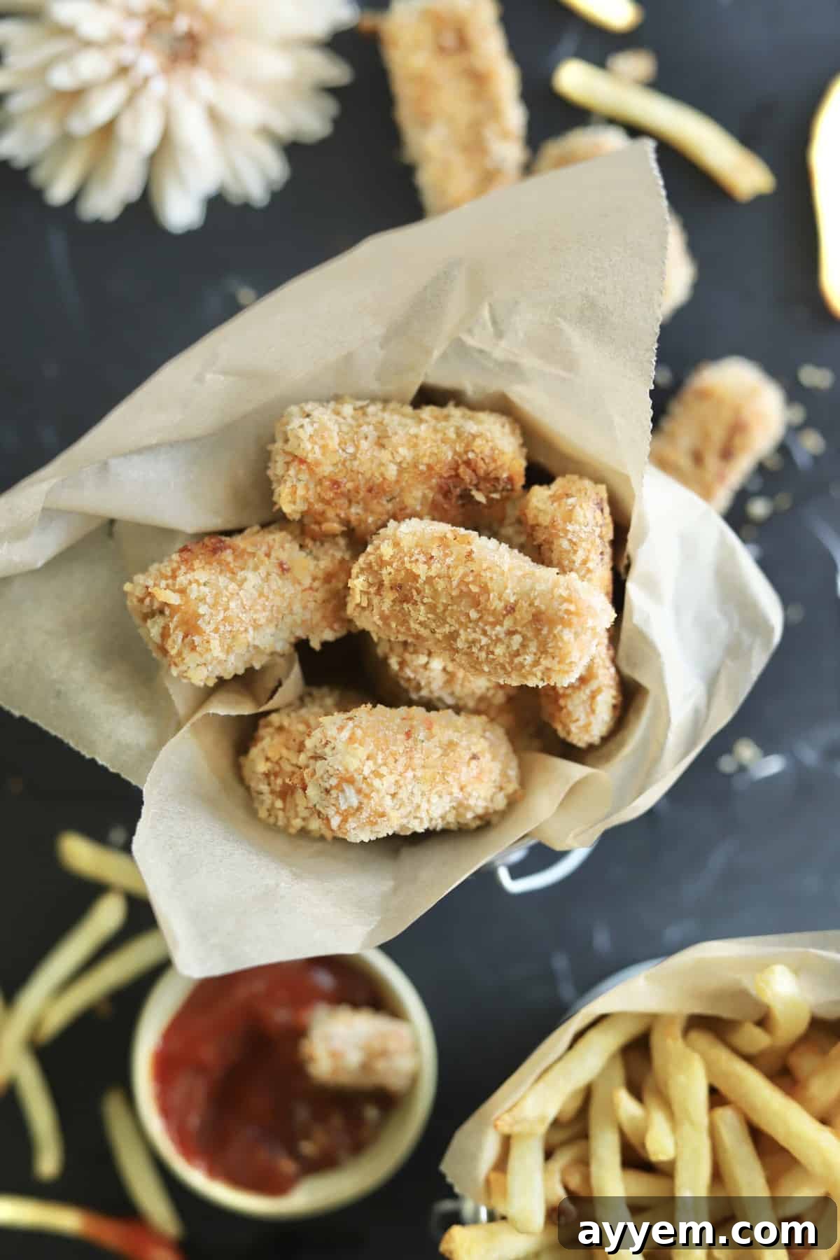 a basket full of crispy baked chicken nuggets