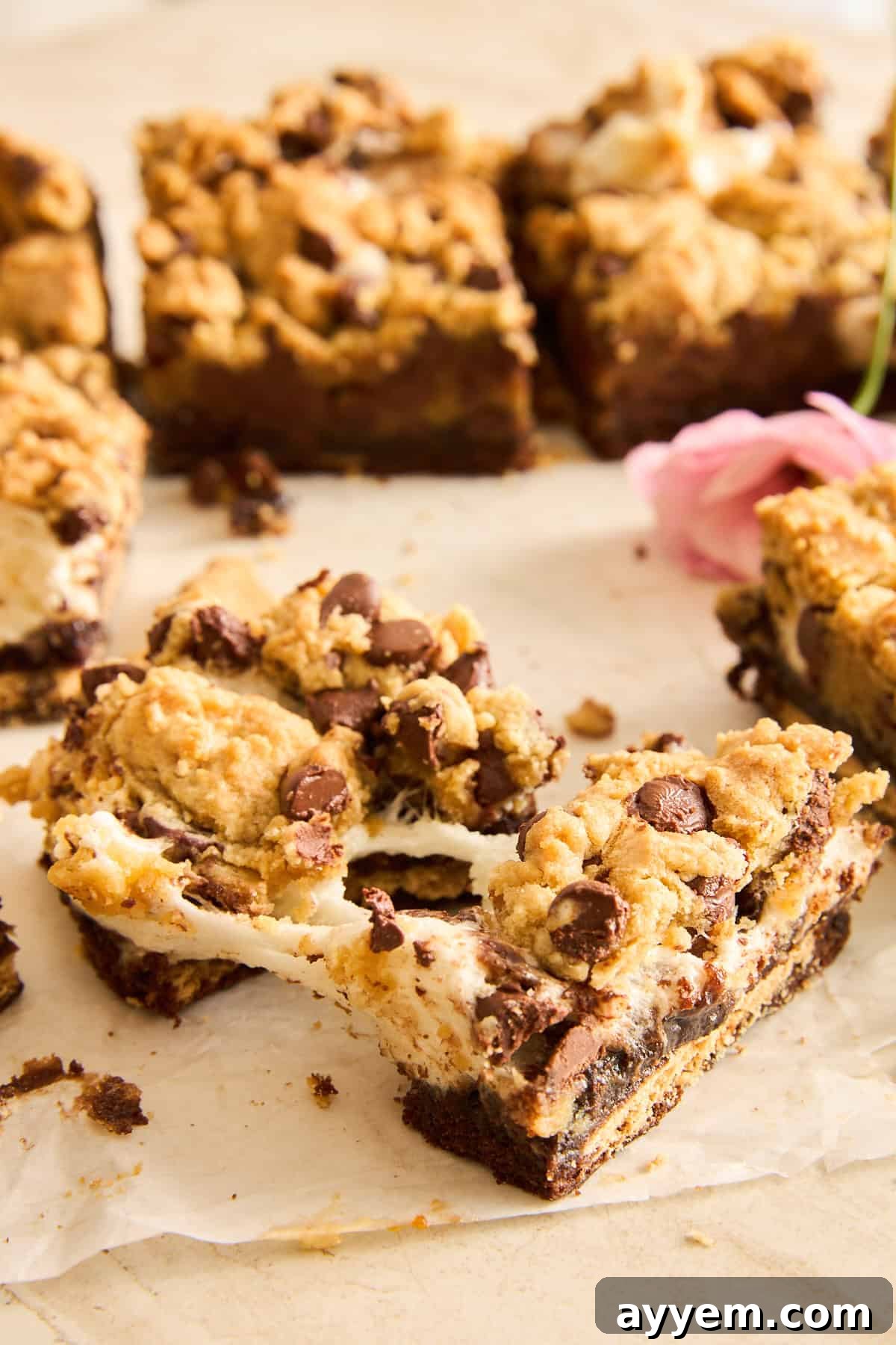 Stacked S'mores Brookie Bars with a visible gooey center and toasted marshmallow topping