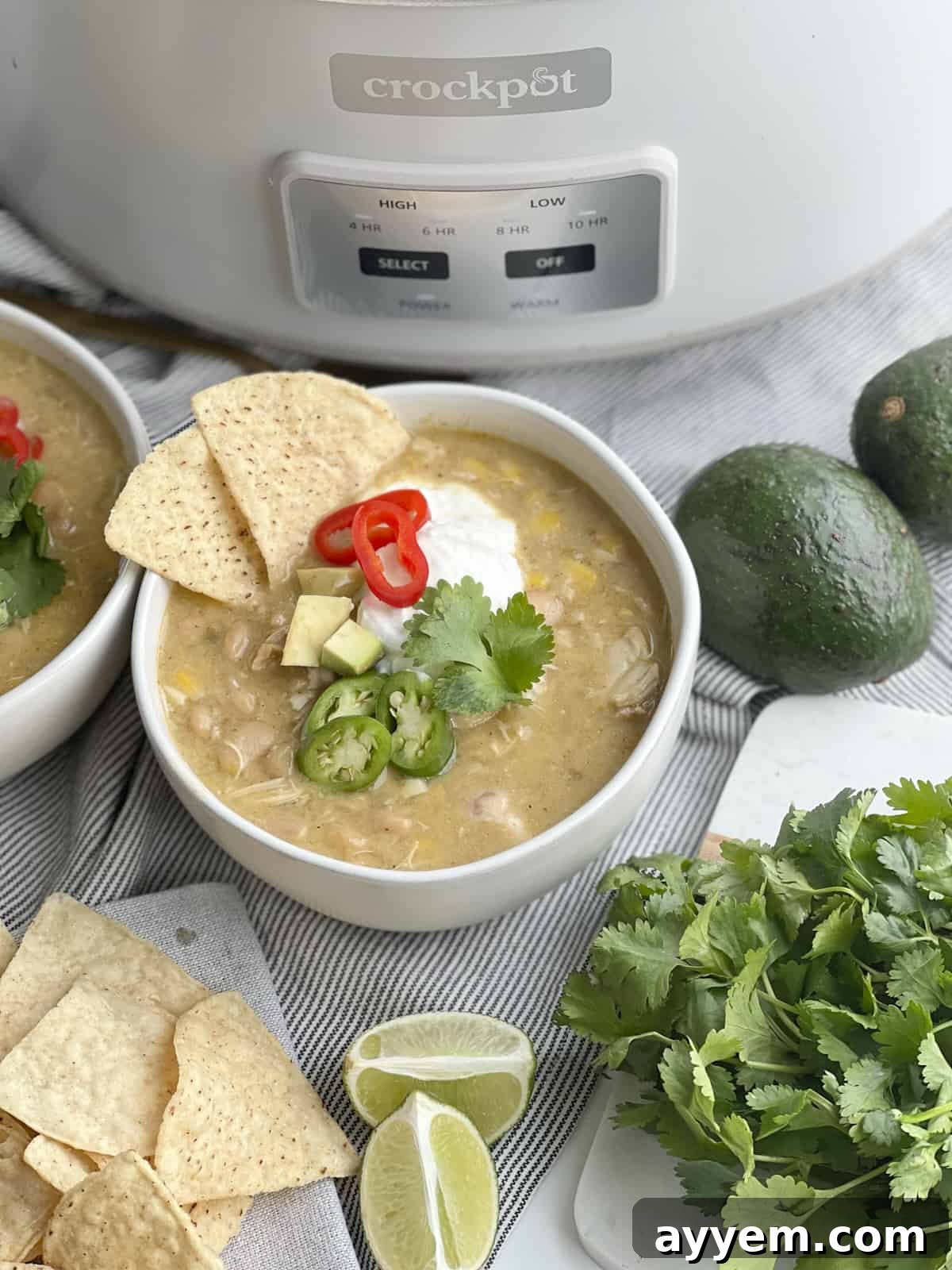 one bowl of white chicken chili with sour cream, avocado, jalapeño, and tortilla chips. pictured with crockpot.