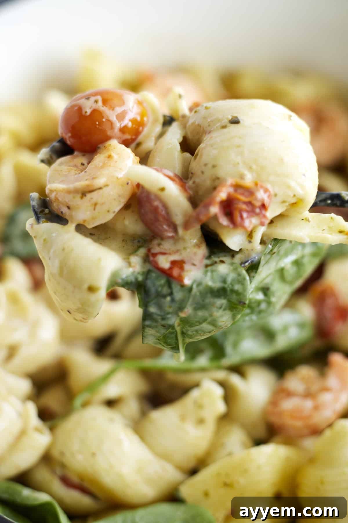 Close-up of a serving of One Pot Pesto Pasta with a generous portion of baked shrimp.