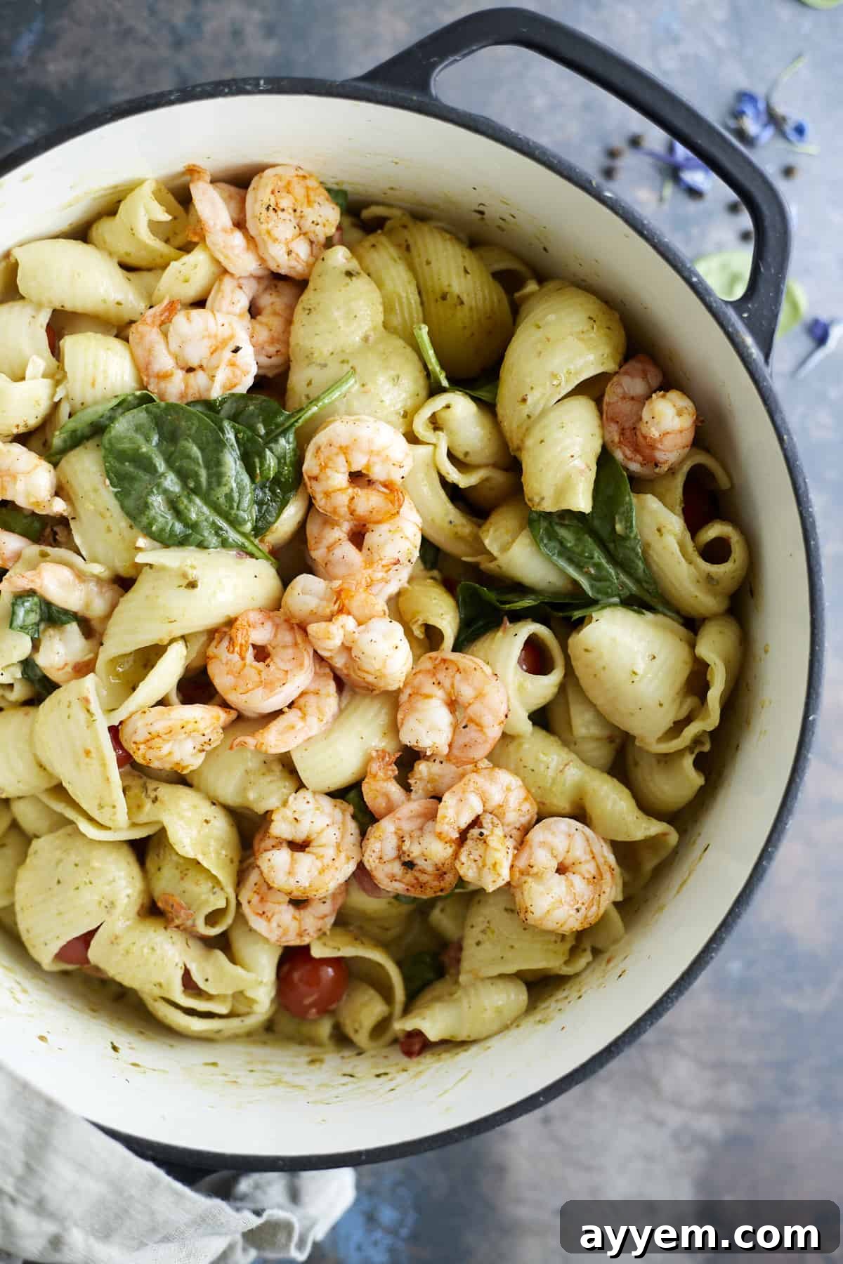 One Pot Pesto Pasta with oven baked shrimp.
