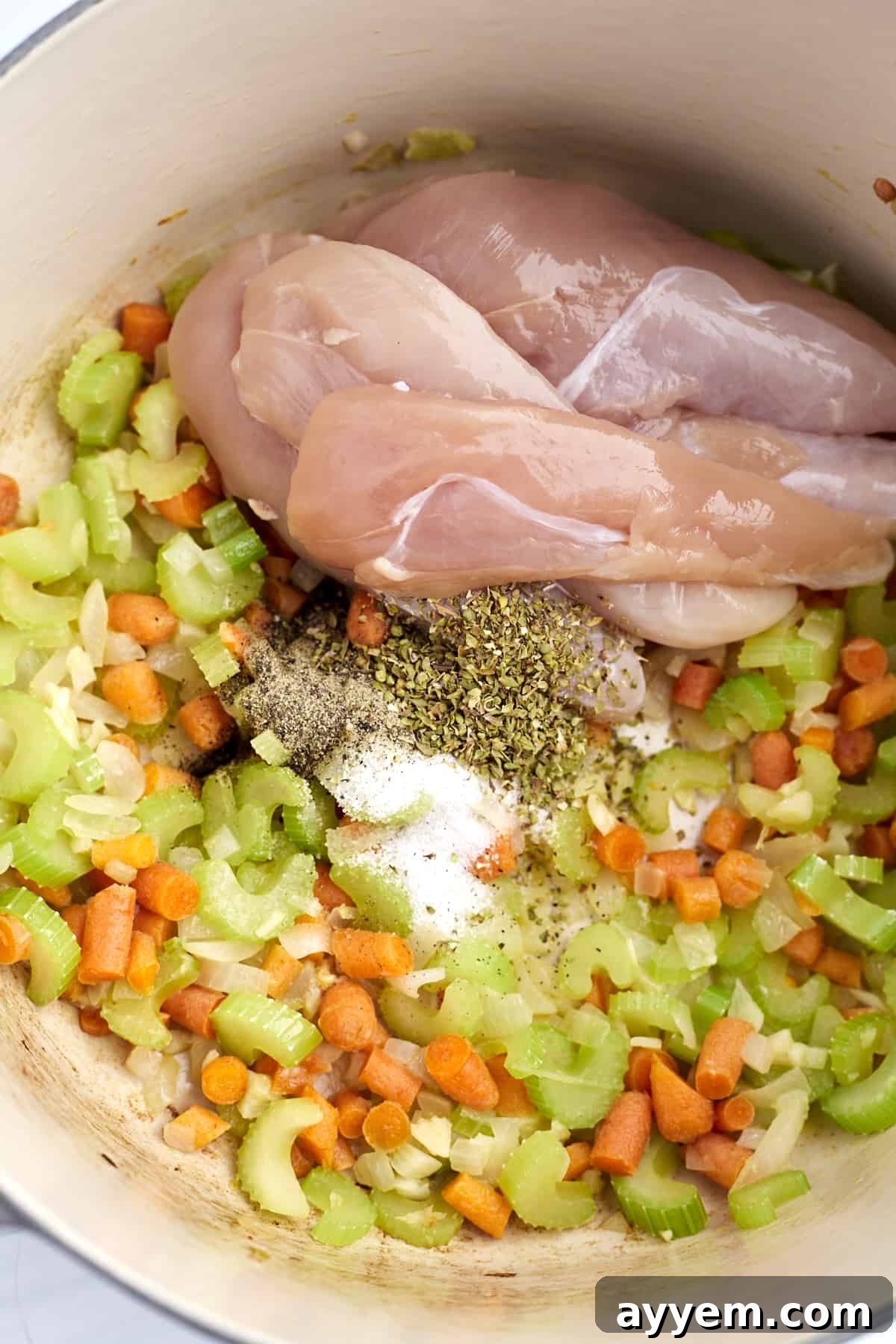 An overhead view of a Dutch oven during the cooking process. Uncooked chicken breasts lie atop a vibrant bed of sautéed celery, carrots, and onions. Fresh herbs, including bay leaves, are scattered over the ingredients, ready to infuse their aromatic essence into the simmering broth.