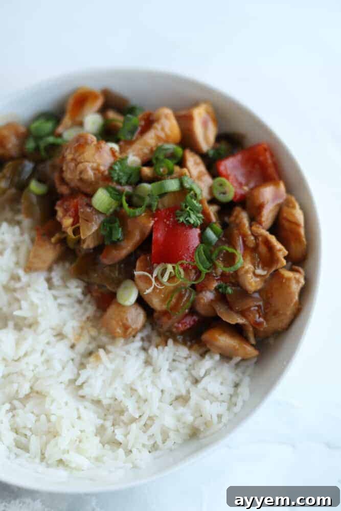a bowl of white rice topped with kung pao chicken