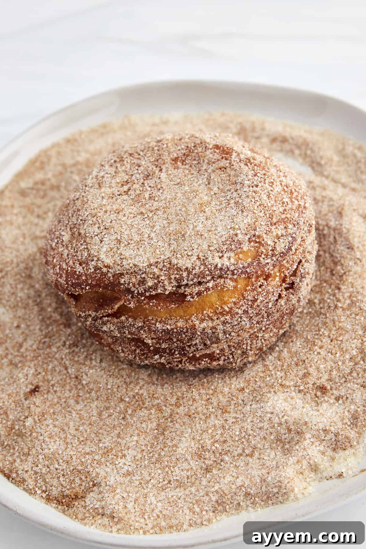 A Nutella stuffed biscuit doughnut in a bowl of cinnamon sugar.