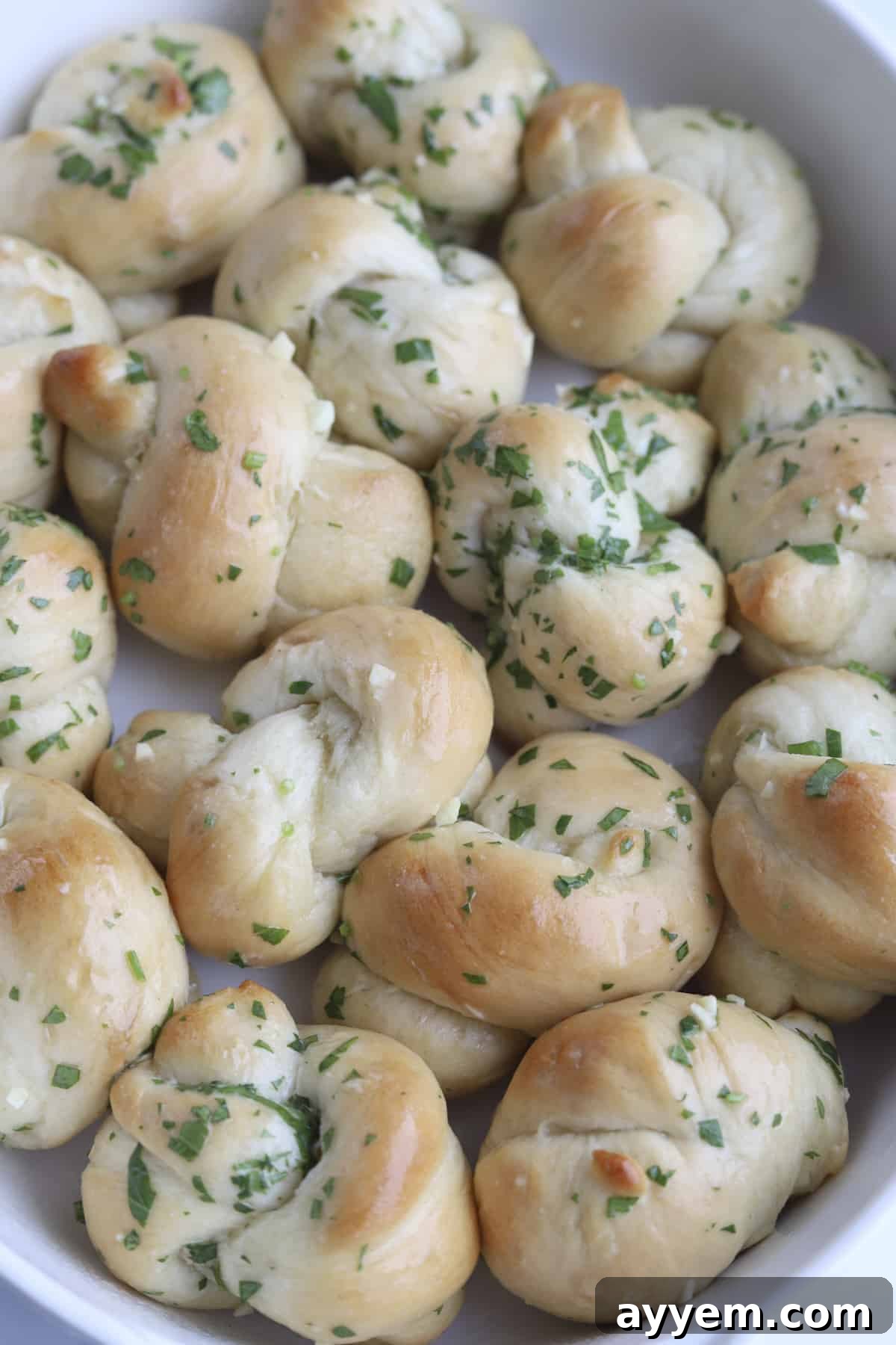 Garlic knots freshly tossed with a fragrant blend of butter and herbs, showcasing their rich coating.