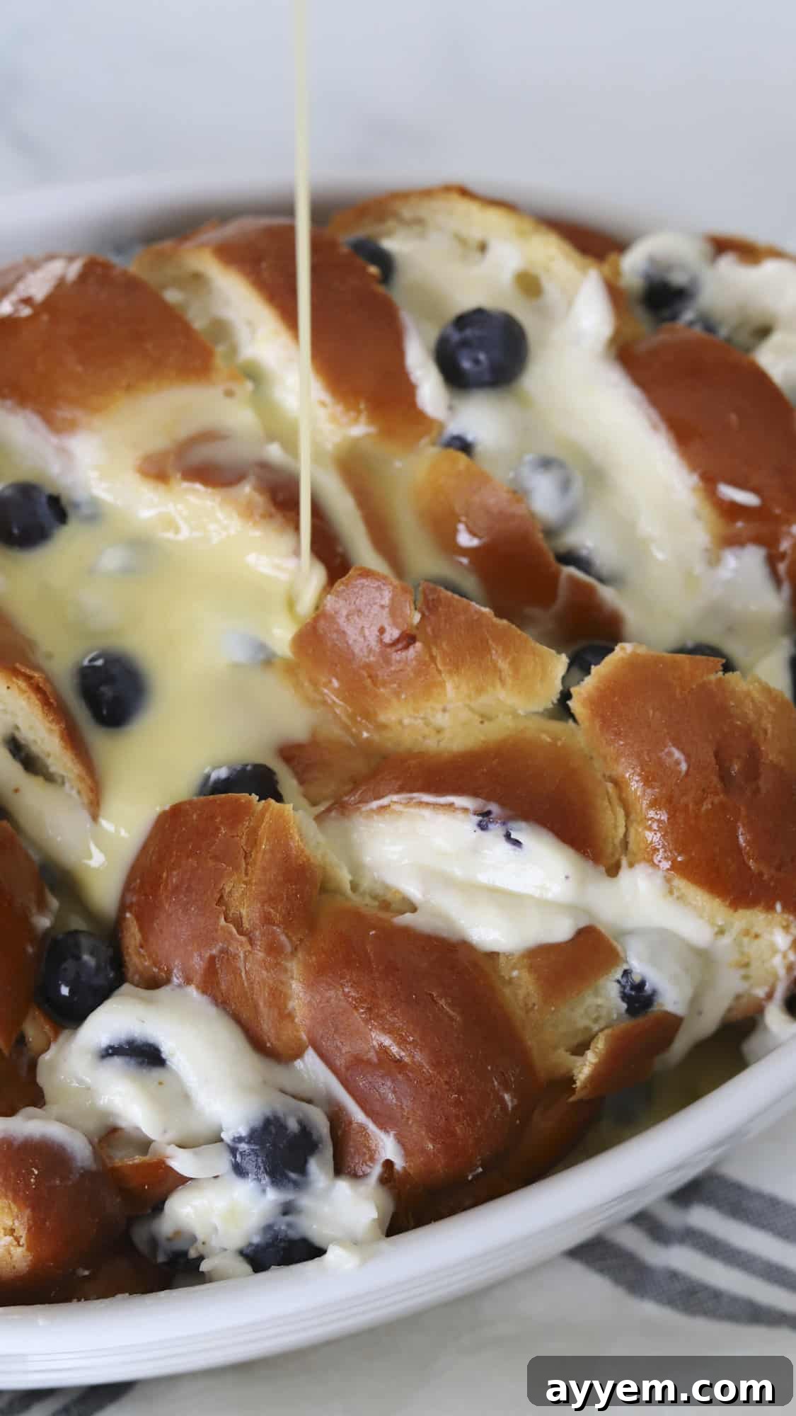 side view blueberry mascarpone french toast with custard