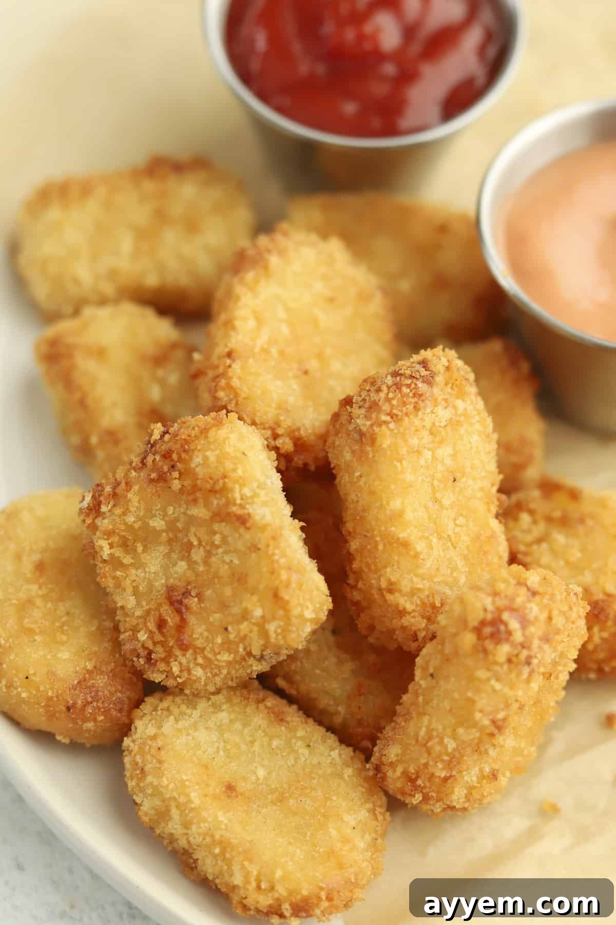 Side view of air fryer potato nuggets, perfectly golden and crunchy, with a side of creamy ketchup dip.