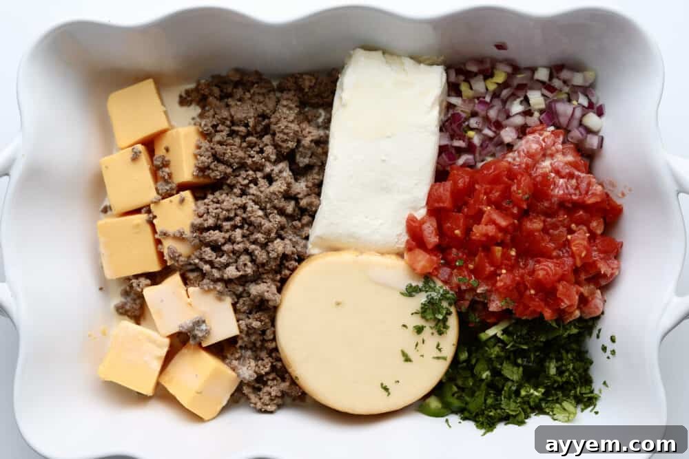 overhead image of cubed velveeta cheese, lean beef, cream cheese, gouda cheese, diced red onion, canned tomatoes, and cilantro in a white baking dish