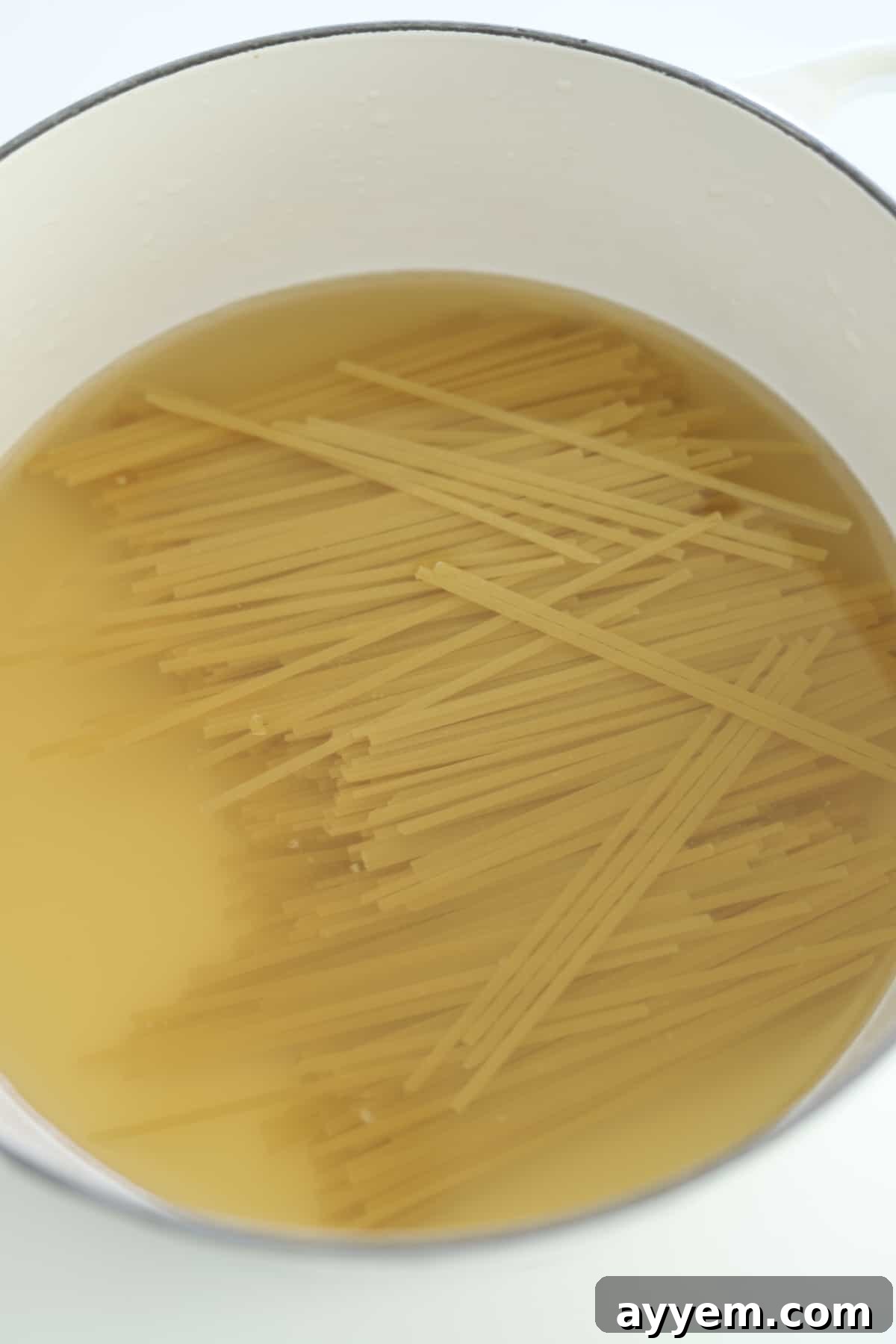 Ultimate One Pot Cacio e Pepe 3 Uncooked spaghetti noodles submerged in a savory broth inside a cooking pot.