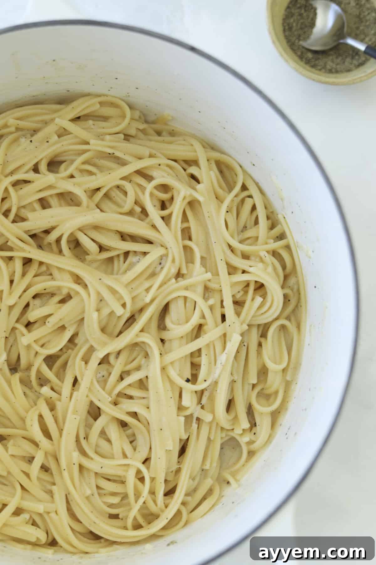 Ultimate One Pot Cacio e Pepe 6 An inviting overhead shot of One Pot Cacio e Pepe in the cooking pot, showcasing its creamy texture.