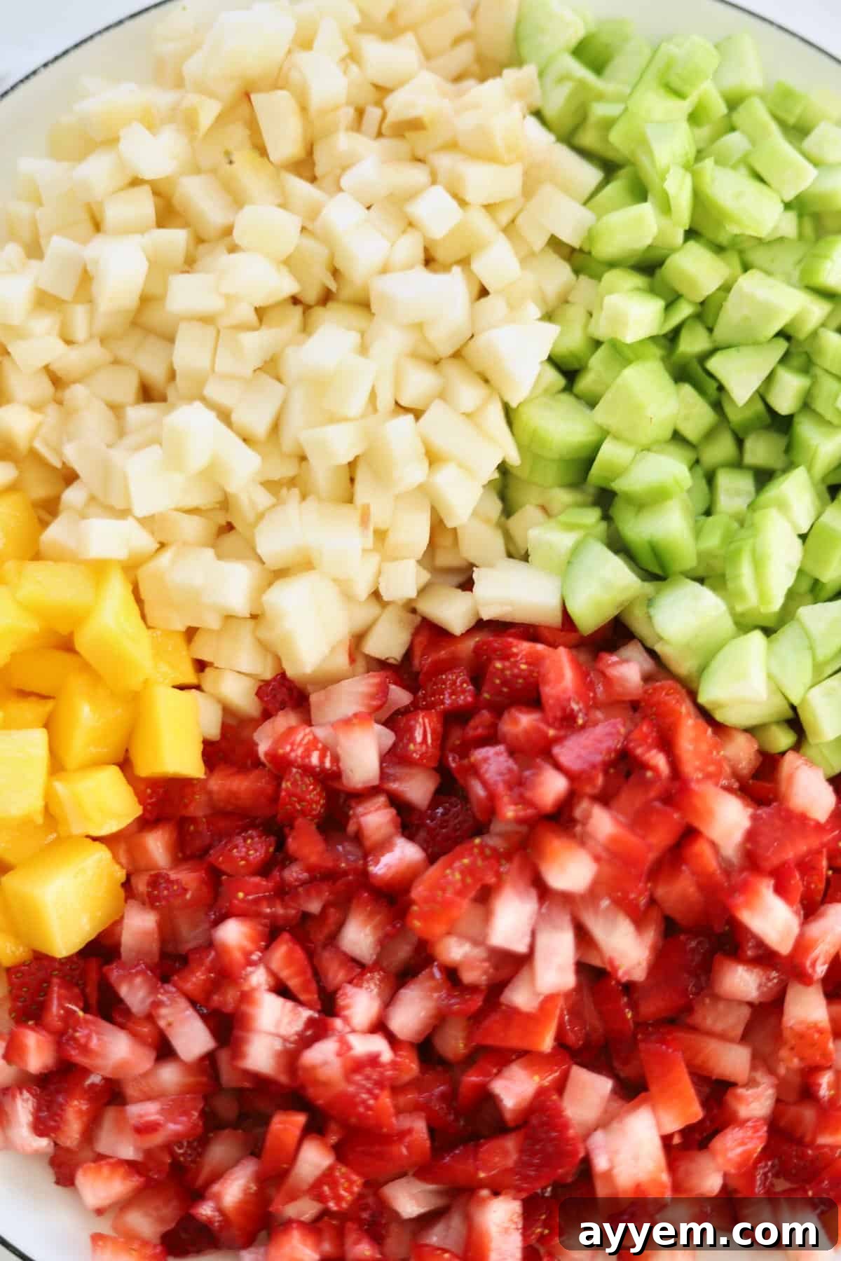 Close-up of a vibrant plate of mixed fruit salad, showcasing diced strawberries, mango, apples, and cucumber.