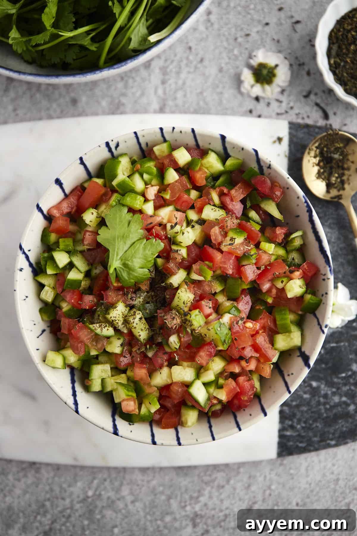 A vibrant bowl of Egyptian Tomato & Cucumber Salad, showcasing diced red tomatoes, green cucumbers, and fresh herbs, ready to be served.