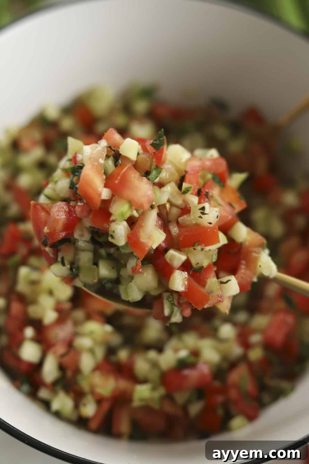 A close-up image of a spoonful of Egyptian Tomato & Cucumber Salad, showing the perfectly diced vegetables and herbs glistening with dressing.