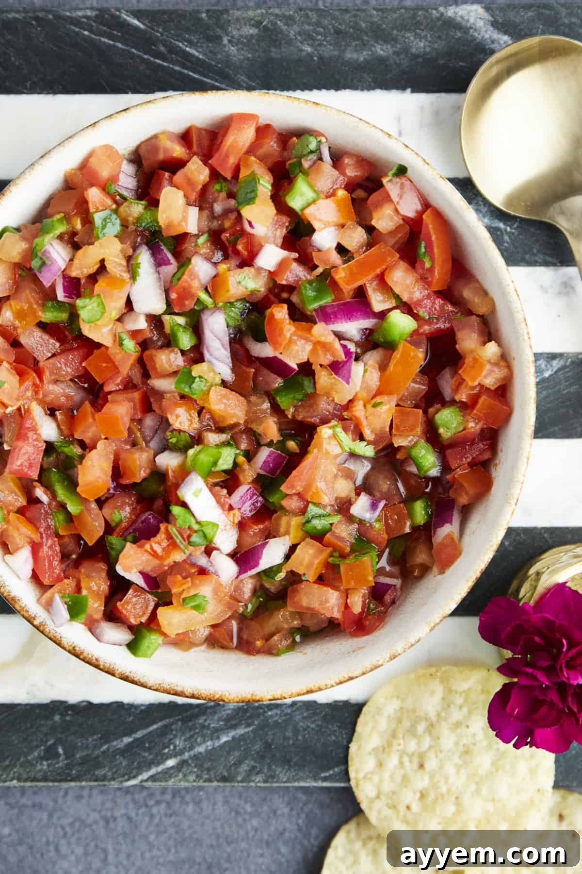 A top-down view of a colorful homemade Chipotle bowl with juicy chicken, cilantro lime rice, fresh salsa, and a sprinkle of cheese.