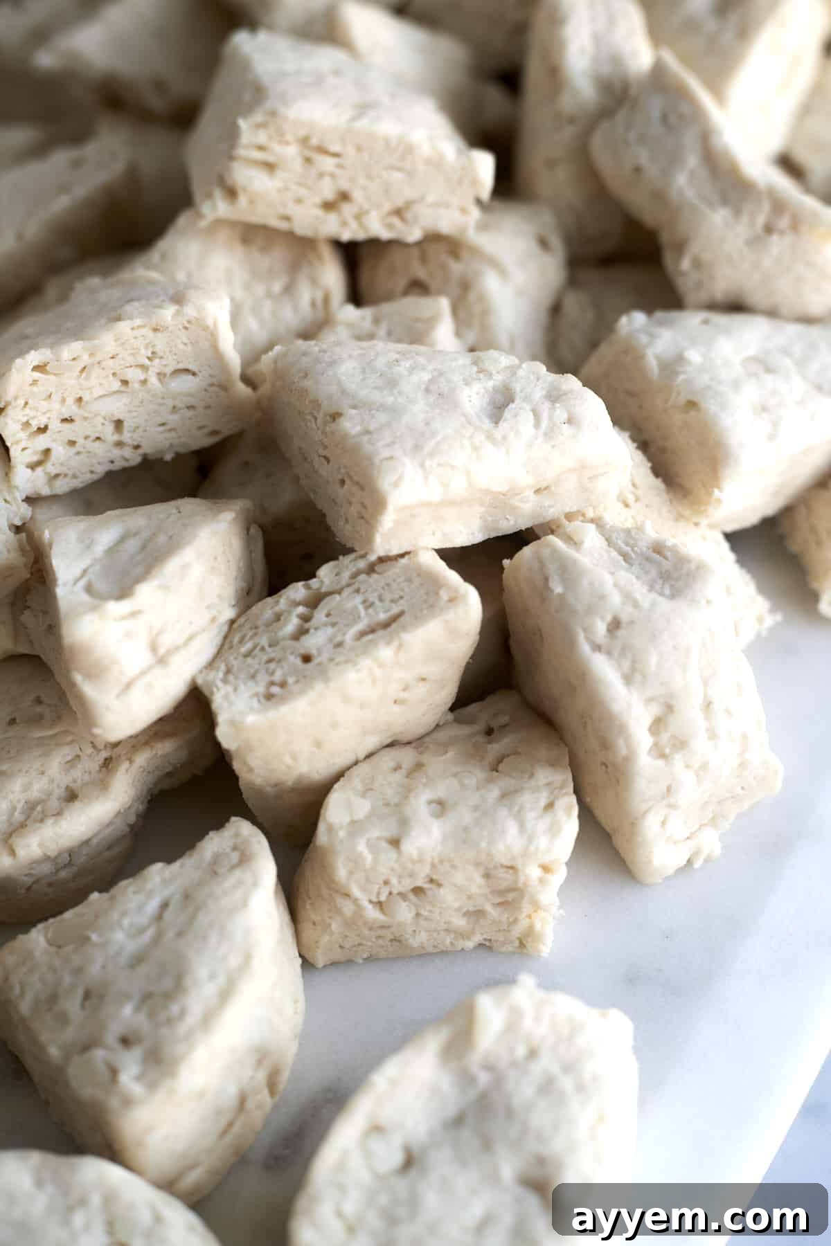 Close-up of raw quartered biscuit pieces, ready for coating, showcasing the texture of the dough.
