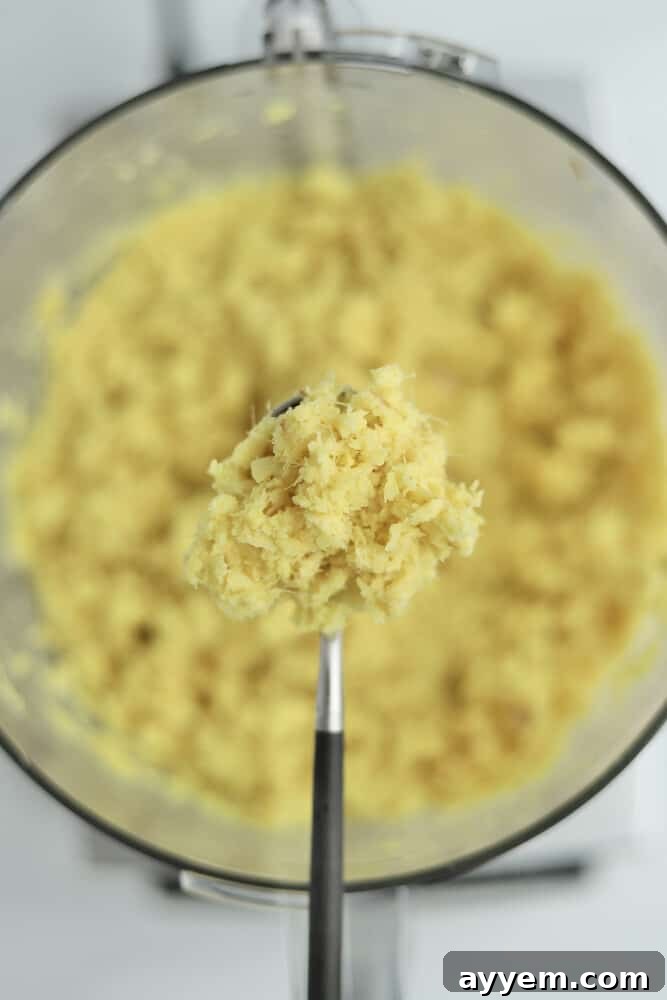 A spoonful of freshly grated ginger root held over a food processor bowl filled with more grated ginger, showcasing preparation for storage.
