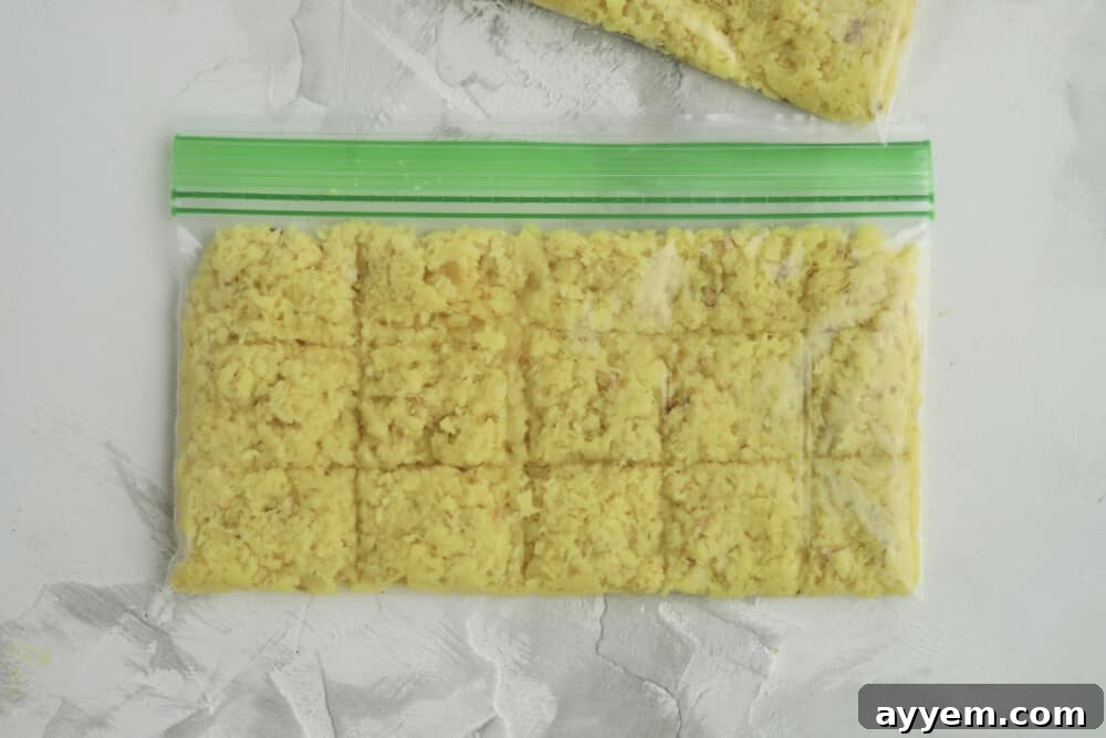 Portioned grated ginger stored in a ziploc bag, divided into squares for easy use from the freezer.