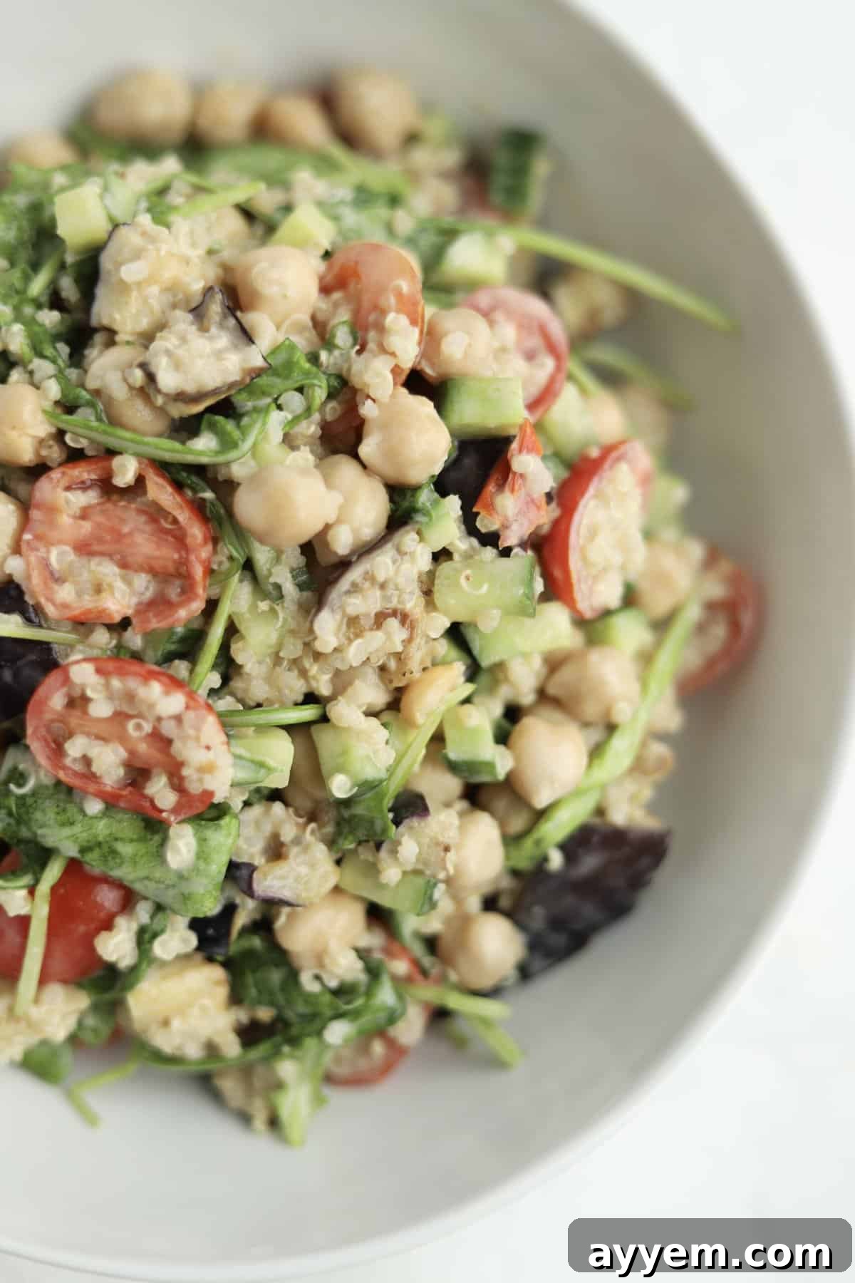 Close-up image of vegan roasted eggplant salad tossed with homemade tahini dressing