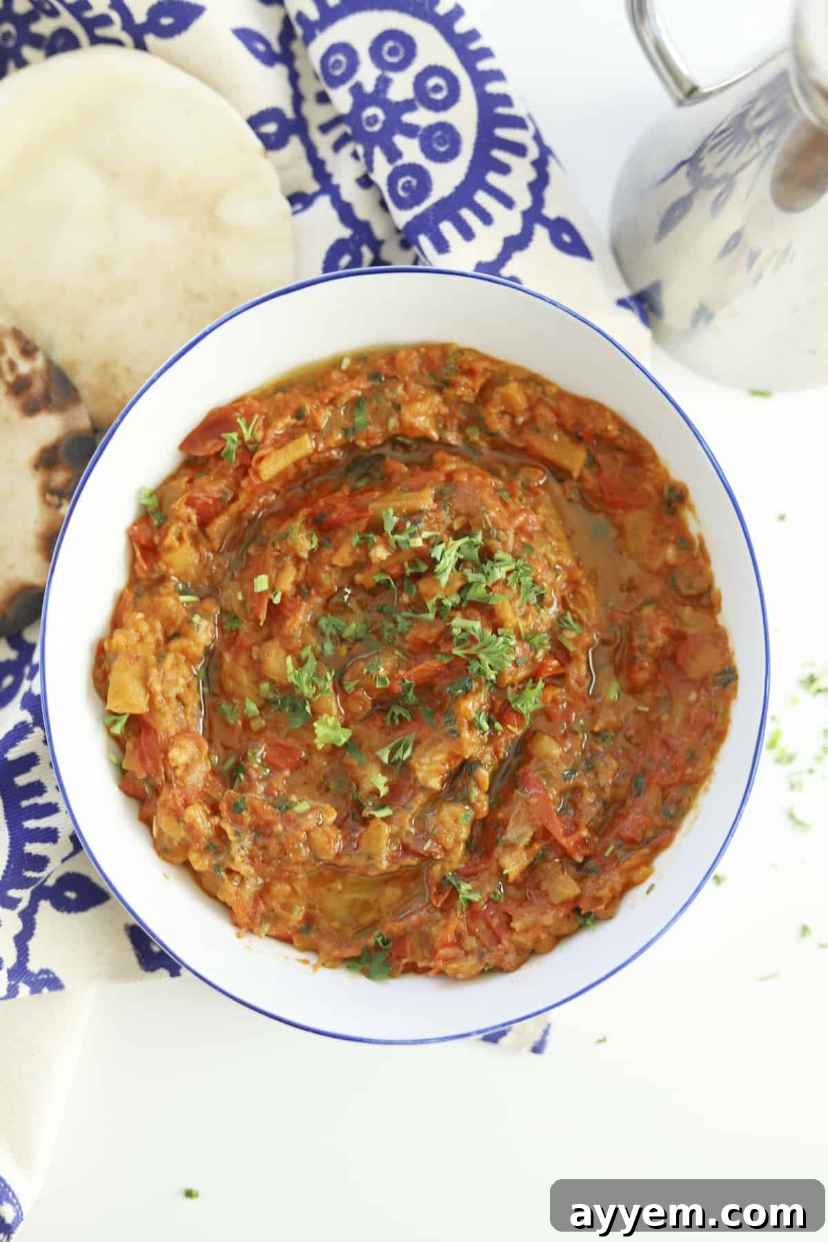 Overhead view of a beautiful bowl of Moroccan Zaalouk, showcasing its rich, deep red color and chunky texture.