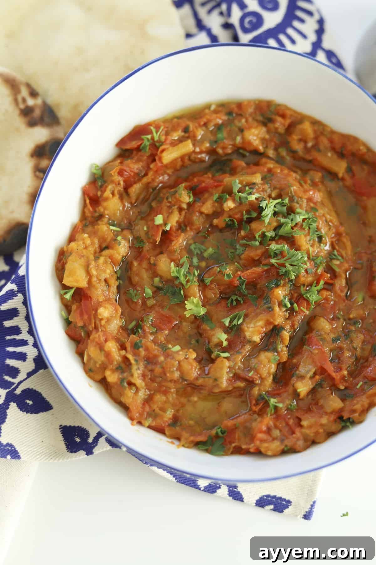 Close-up overhead shot of Moroccan Zaalouk, garnished with glistening olive oil and vibrant fresh parsley, ready to be served.