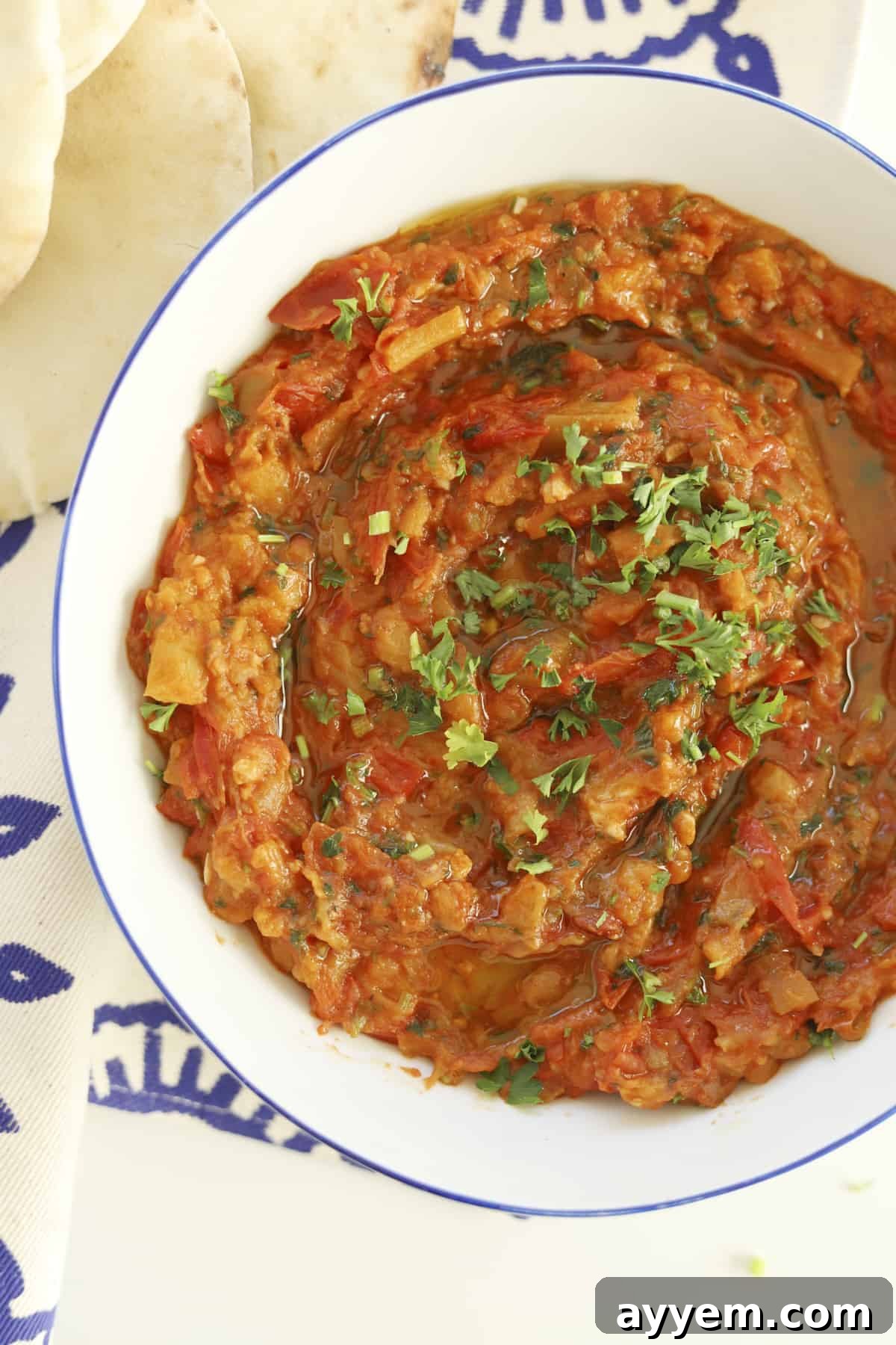 Closeup overhead view of Moroccan Zaalouk, garnished with olive oil and fresh parsley