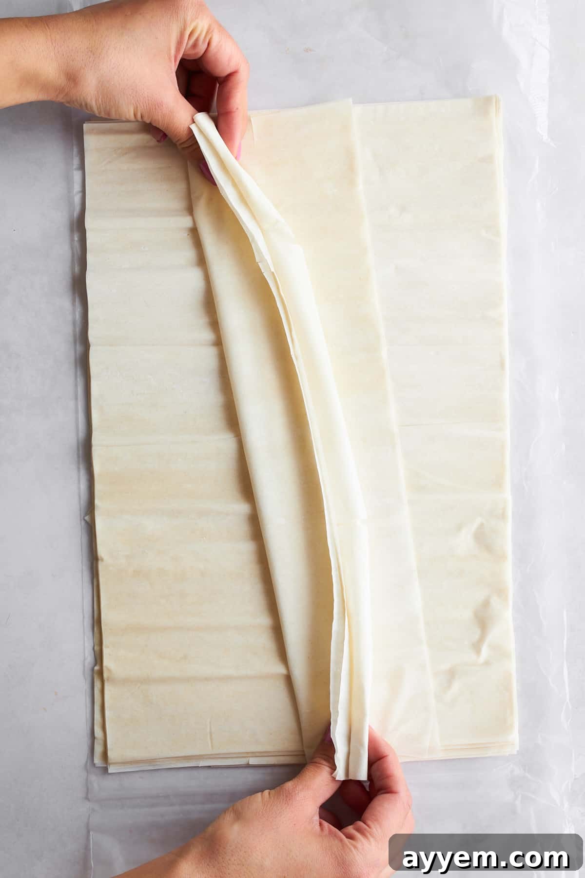 Phyllo dough being crinkled into an accordion shape.