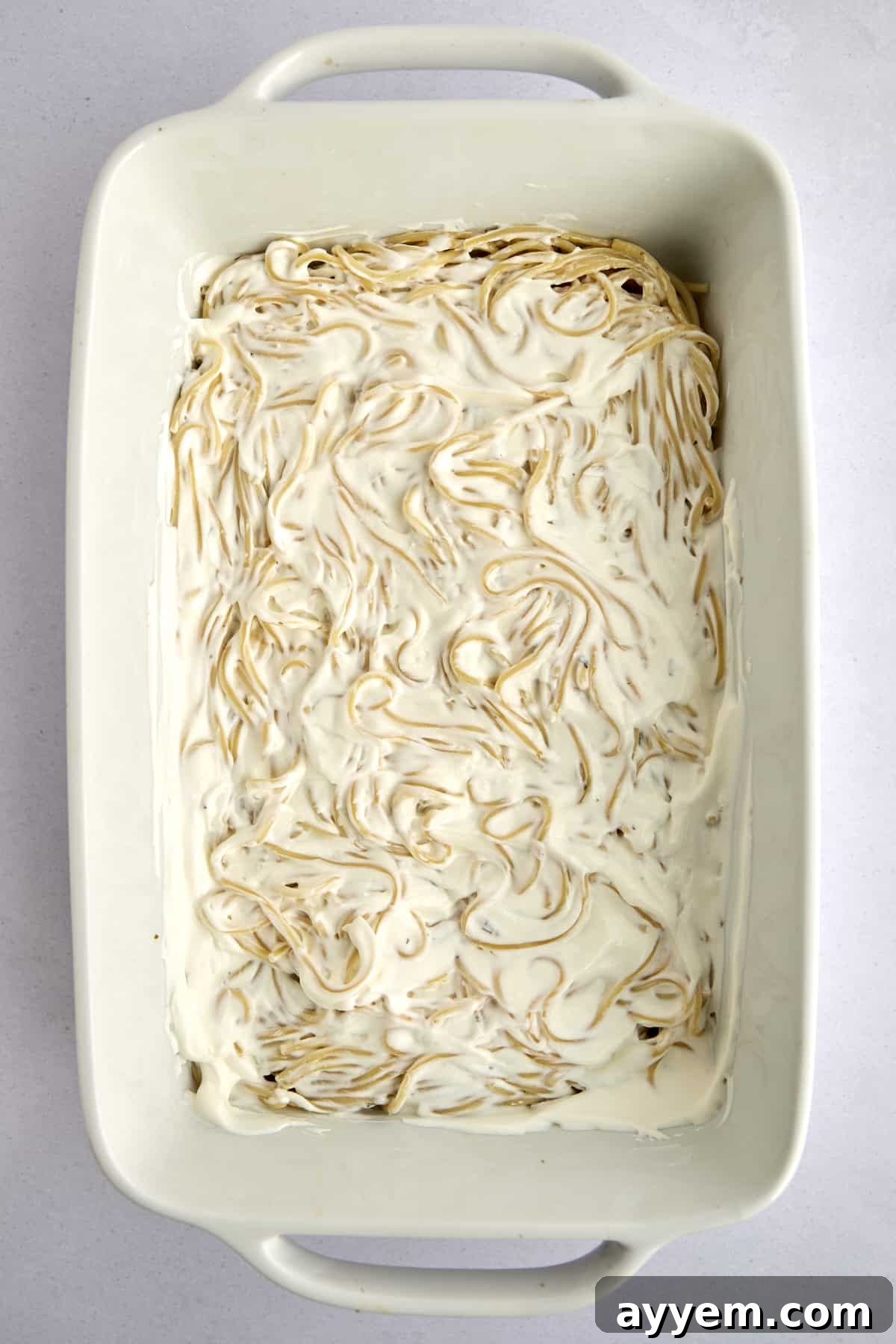 A creamy, white sauce generously spread over the first layer of spaghetti noodles in the casserole dish.
