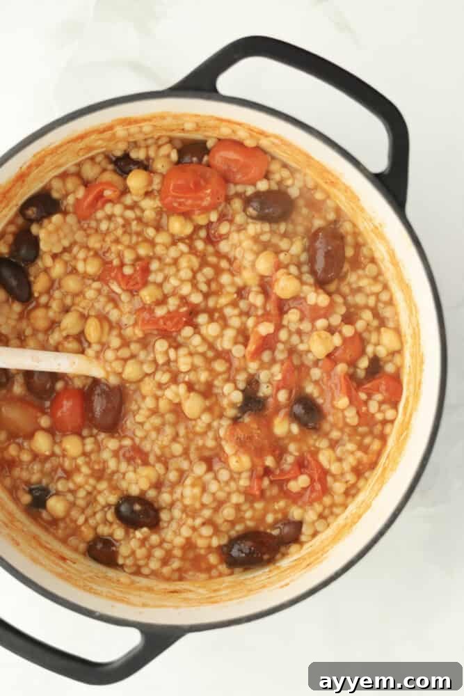 overhead image of a pot of Greek couscous