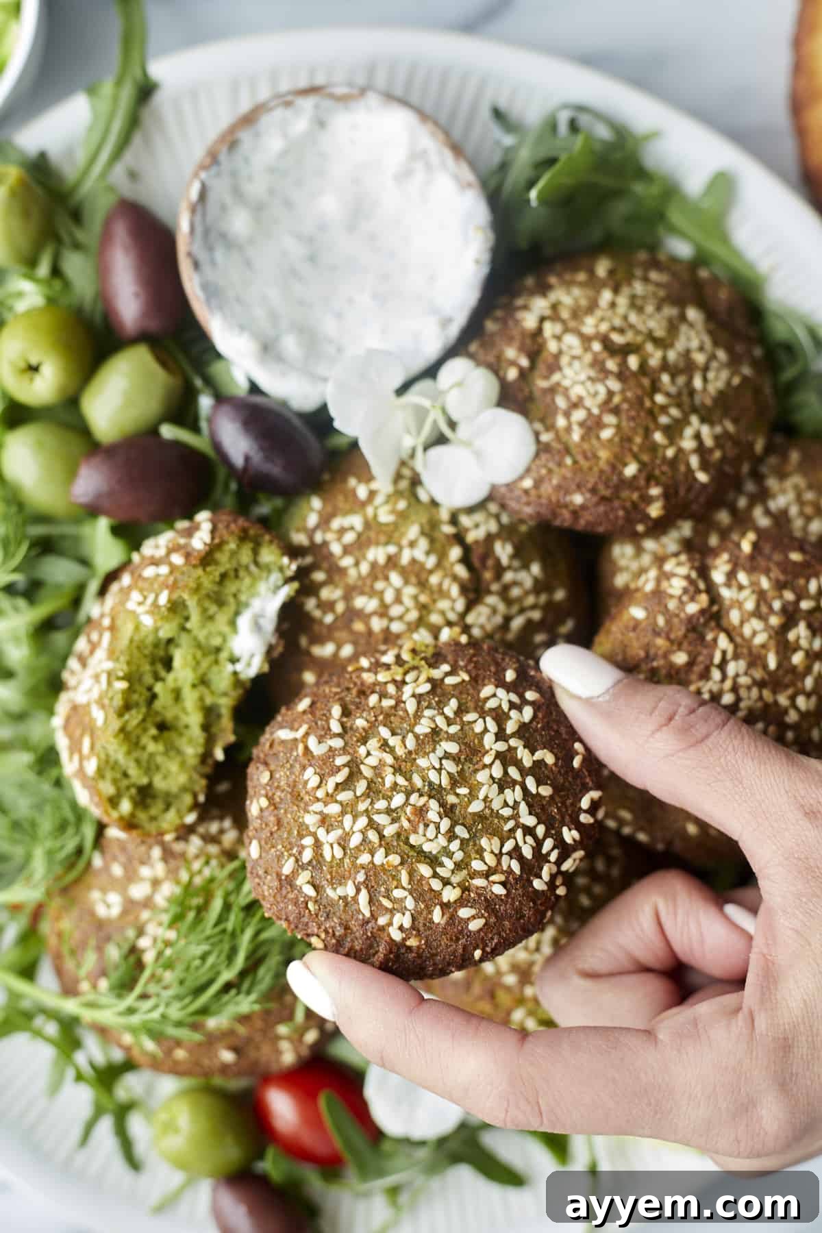 a hand holding an air fryer falafel.
