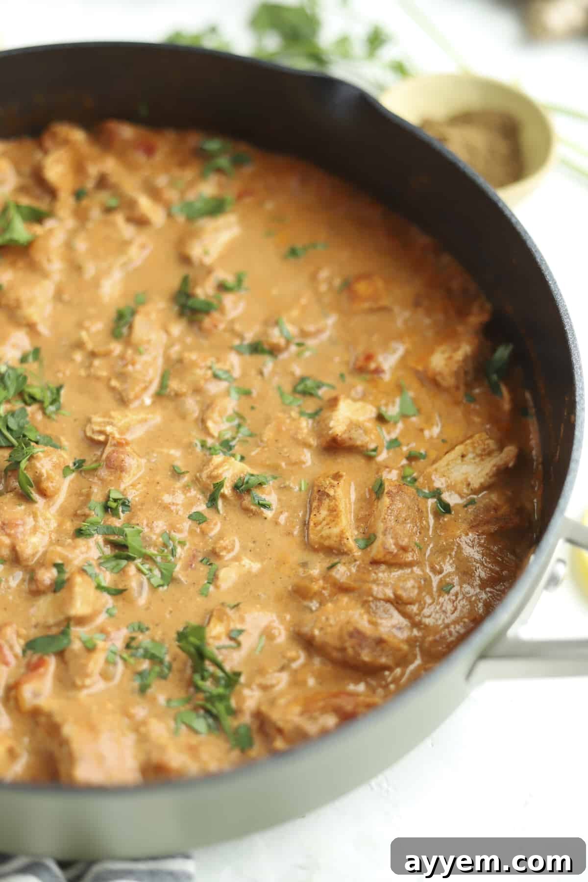 A large pot brimming with rich, orange-hued Chicken Tikka Masala, simmering gently on the stovetop.