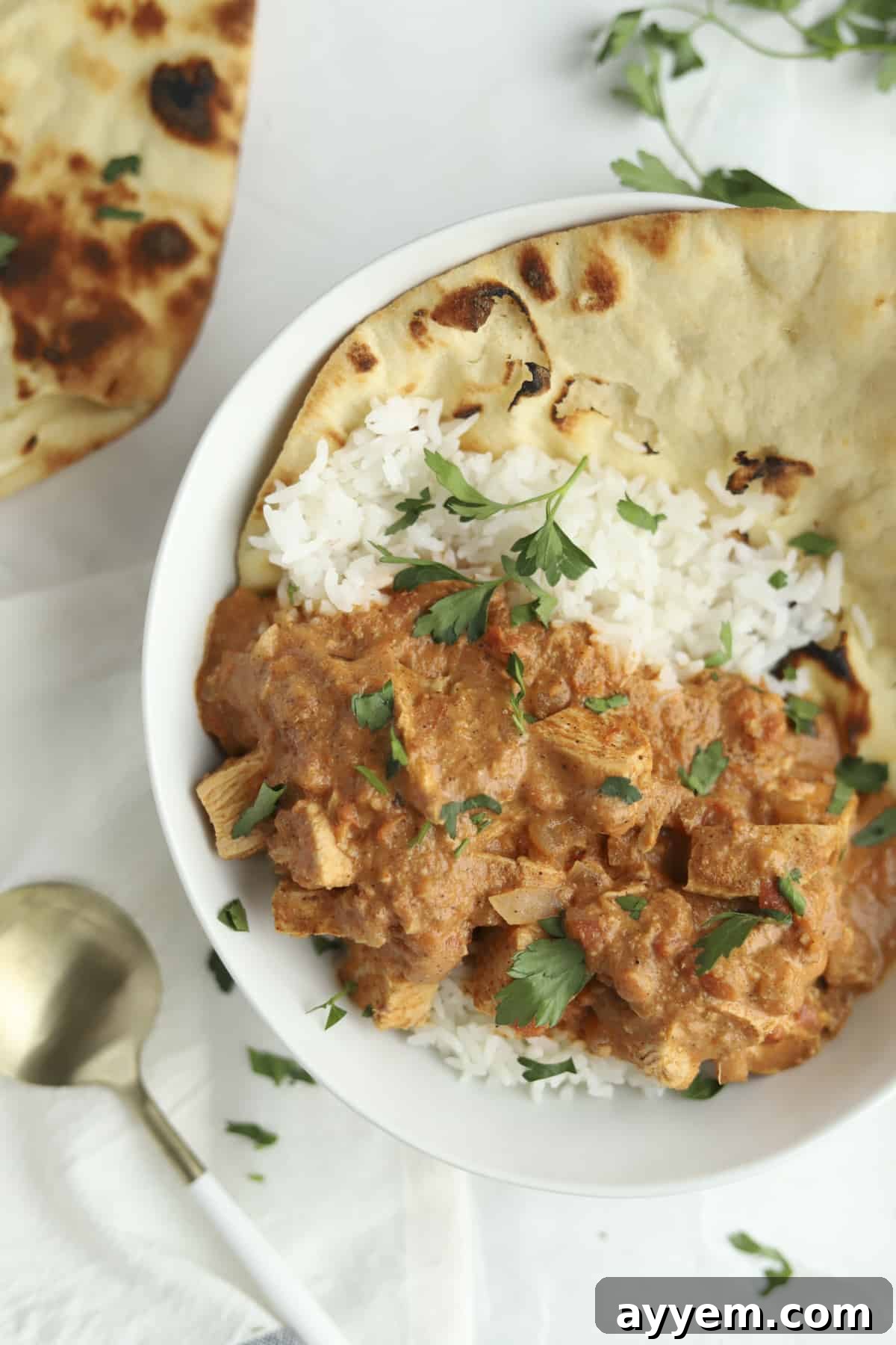 A beautifully presented bowl of homemade Chicken Tikka Masala, rich and creamy, served over white rice with soft naan bread and fresh cilantro garnish.