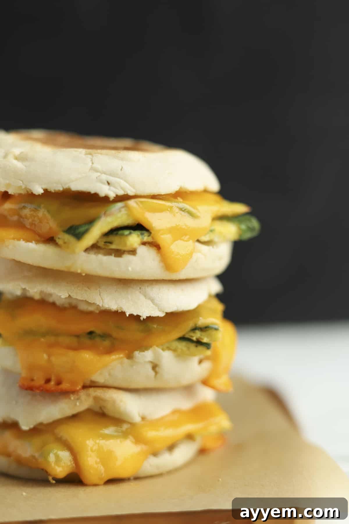 An enticing side view of three fluffy protein-packed egg muffin sandwiches, beautifully stacked, showcasing golden toasted English muffins, perfectly cooked eggs, and wonderfully melted cheese.