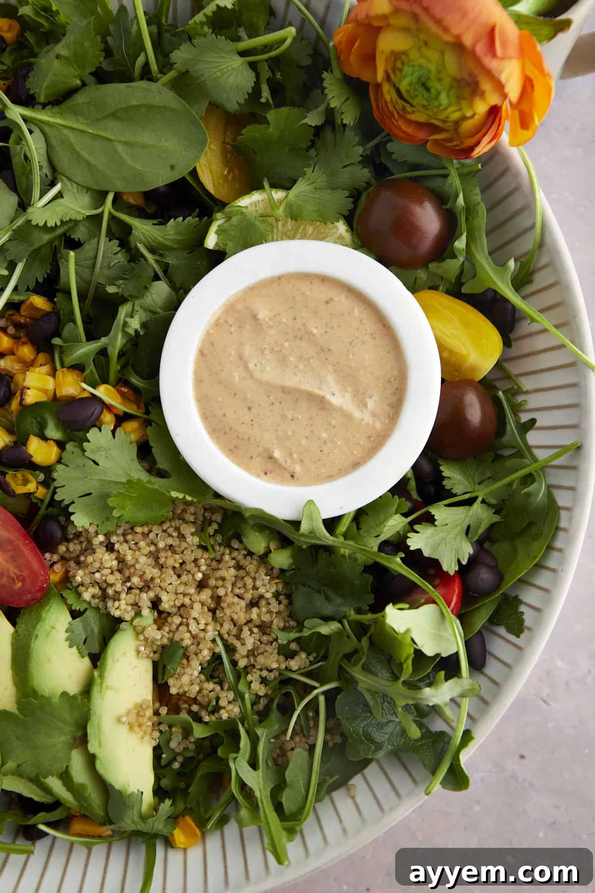 Close-up of a bowl of creamy chipotle dressing resting atop a vibrant Southwest Salad, highlighting the rich texture of the dressing.