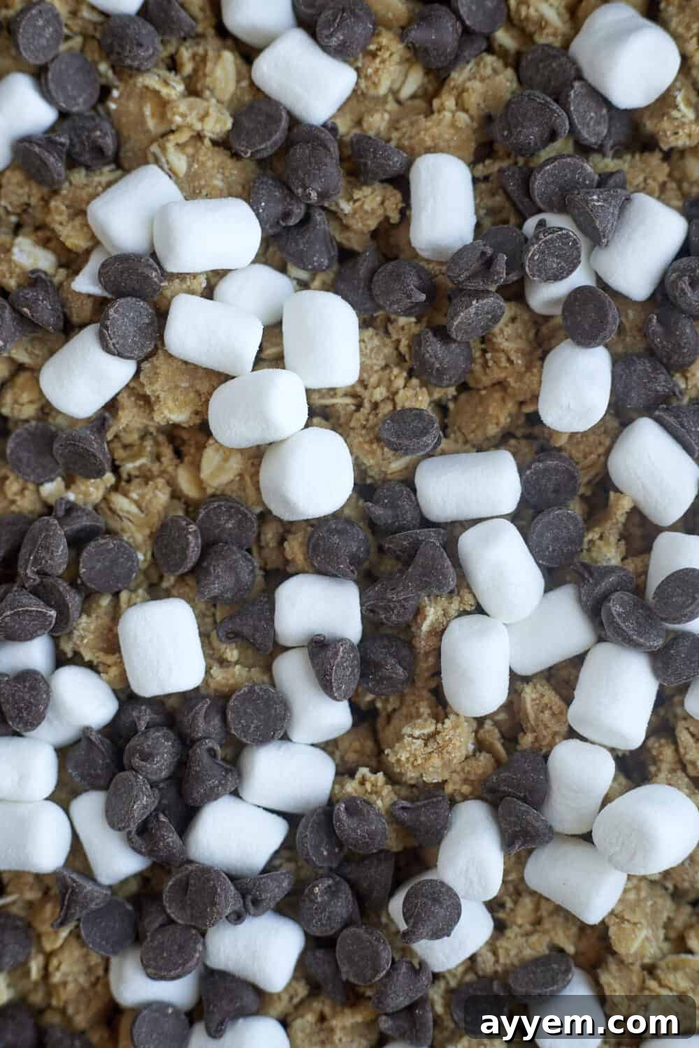 Graham cracker crumbs topped with marshmallows and chocolate chips.