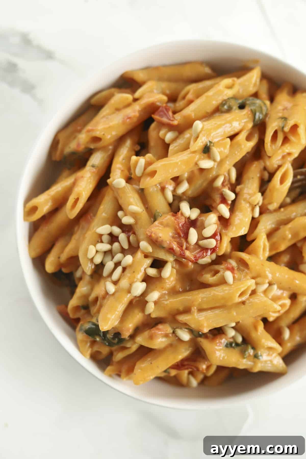 bowl of sun dried tomato pasta with pine nuts