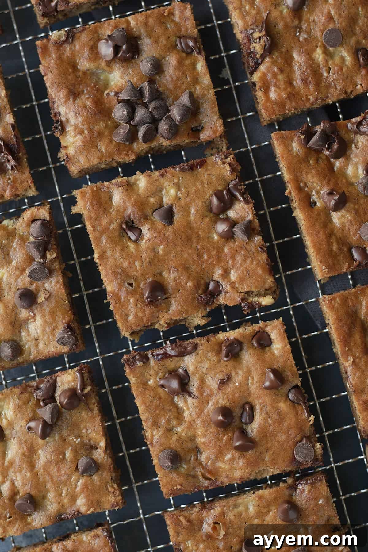 Banana bread cut into squares and placed on a cooling rack.