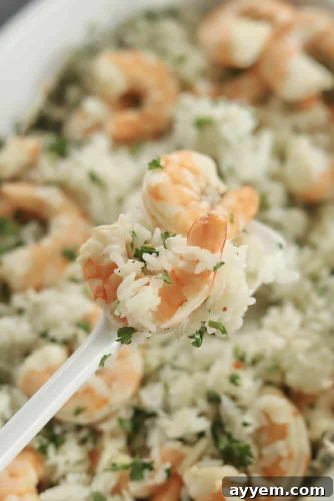 close up image of a spoon scooping a bite of white rice and lemon garlic shrimp with fresh herbs.