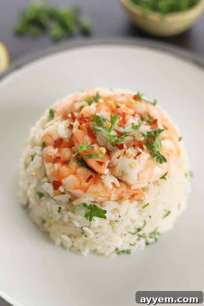 a serving of lemon garlic shrimp and rice on a plate
