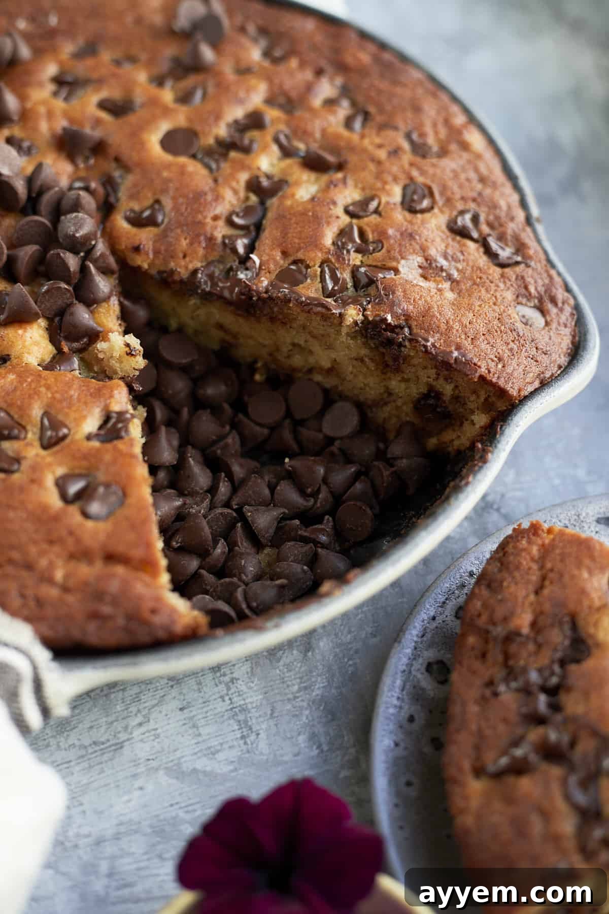 Close-up shot of a single slice of chocolate chip banana bread on a plate, highlighting the rich, moist texture and melted chocolate chips.