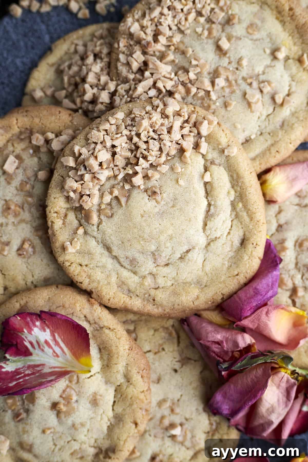 Close-up of brown butter toffee cookies generously topped with extra toffee bits