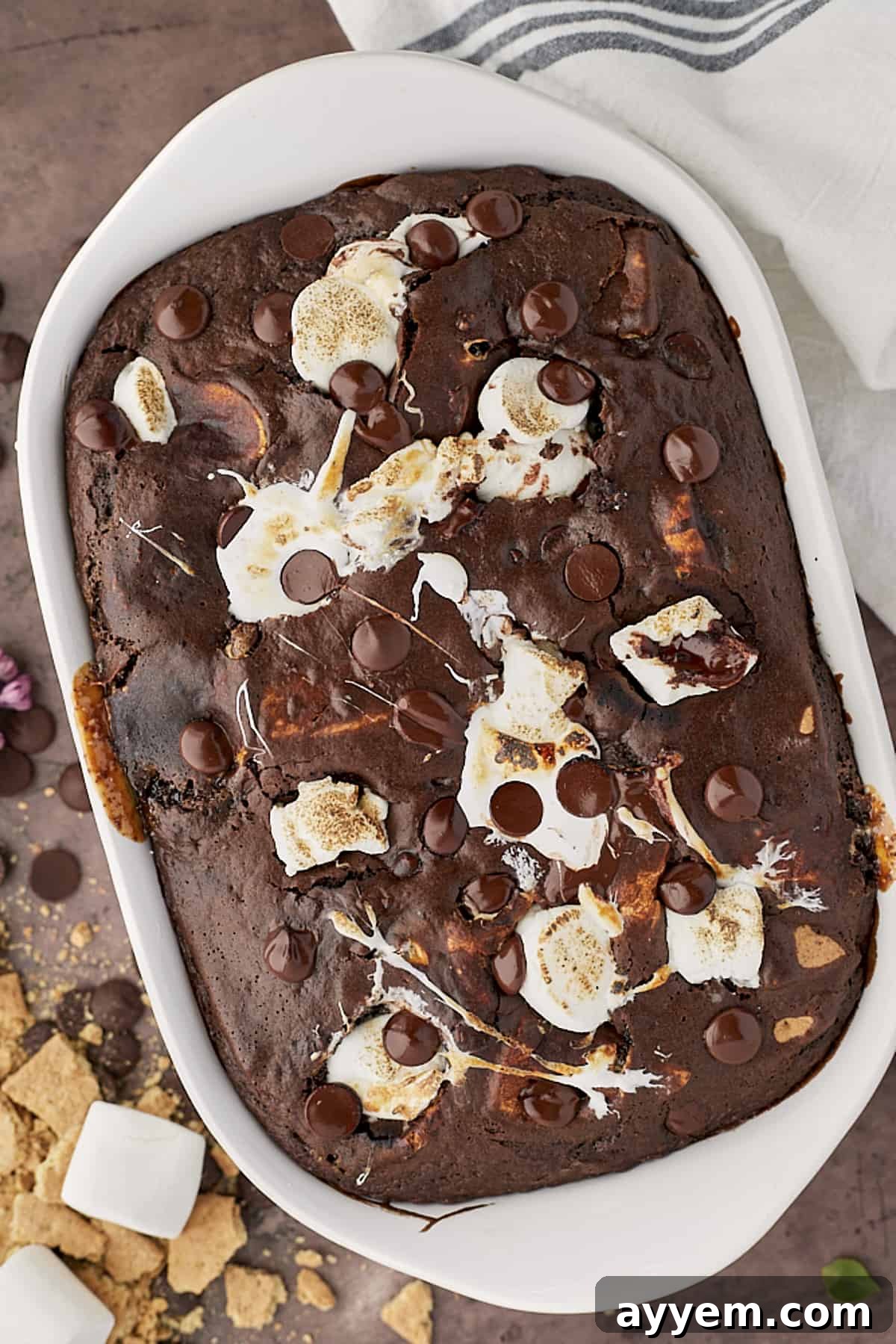 A large rectangular s'mores chocolate cake topped with toasted marshmallows and chocolate pieces, ready to be served.