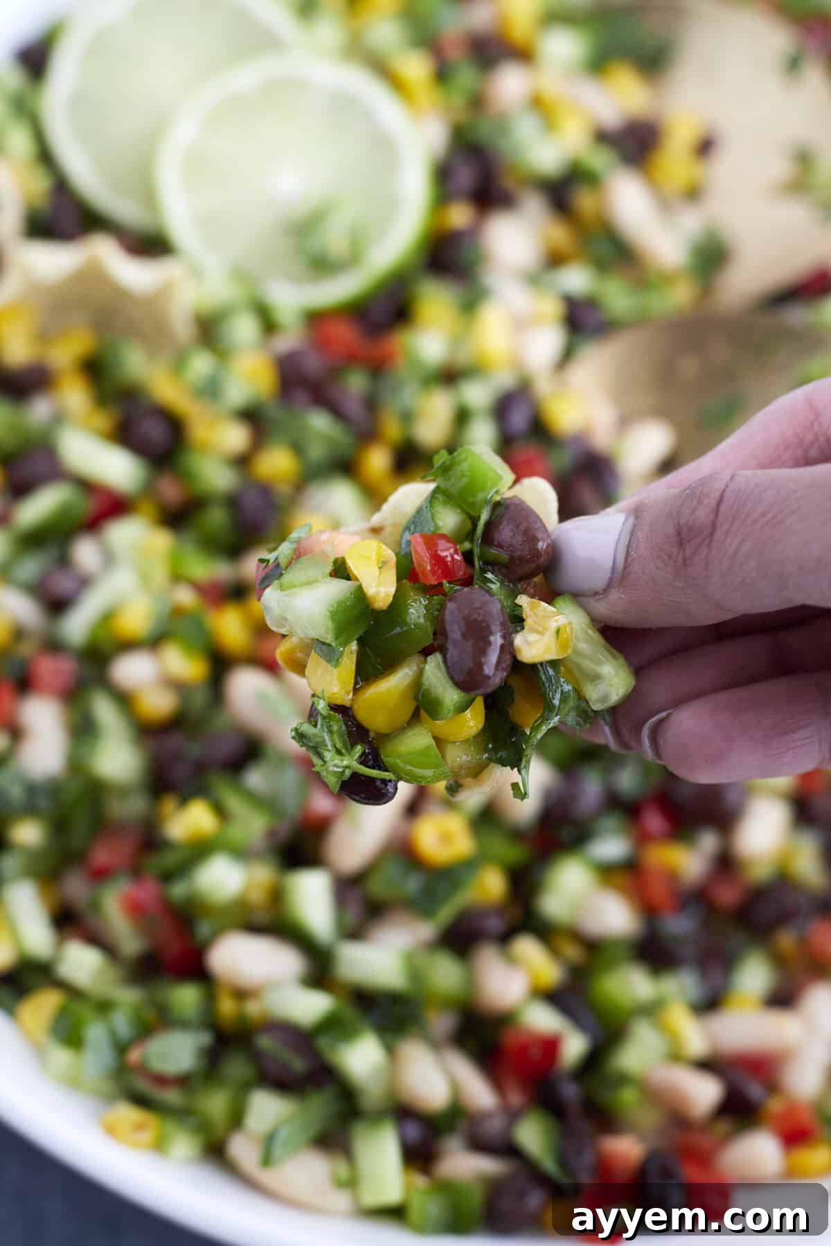 Closeup of a scoop of cowboy caviar being lifted with a tortilla chip, highlighting the vibrant colors and textures of the dish