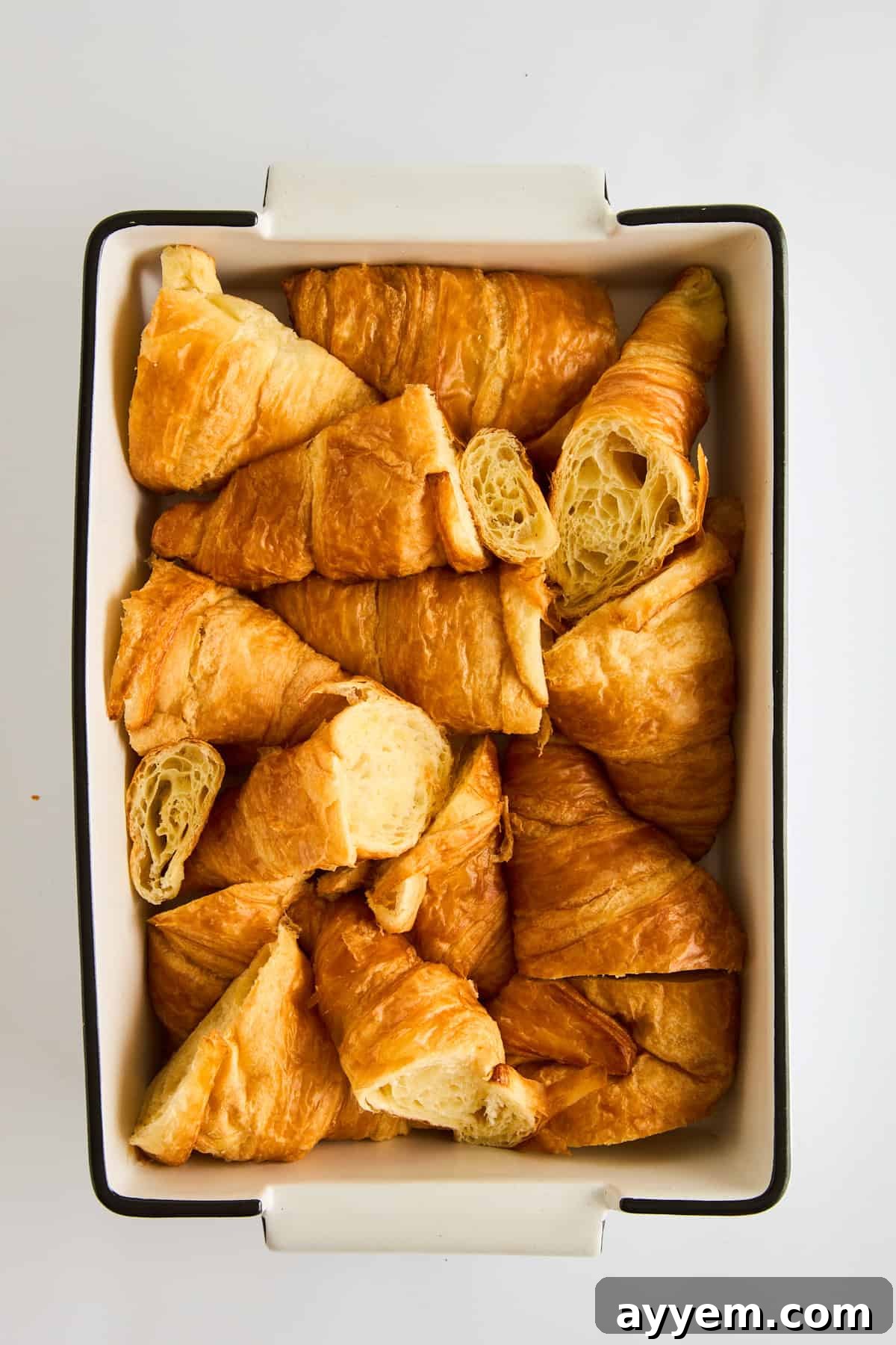 Decadent Pecan Croissant Pudding 3 Fresh croissants ready for bread pudding.