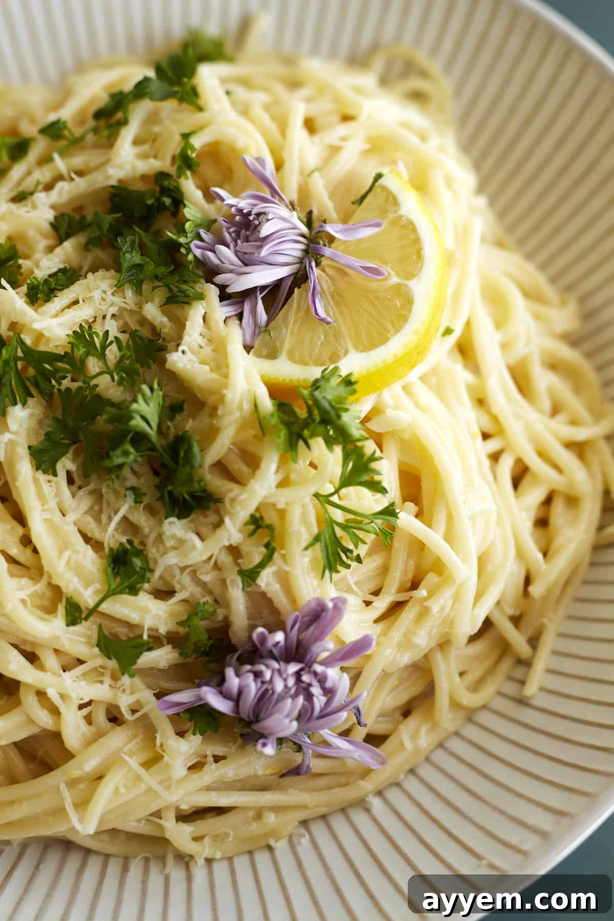 close up image of a plate full of easy one pot lemon pasta