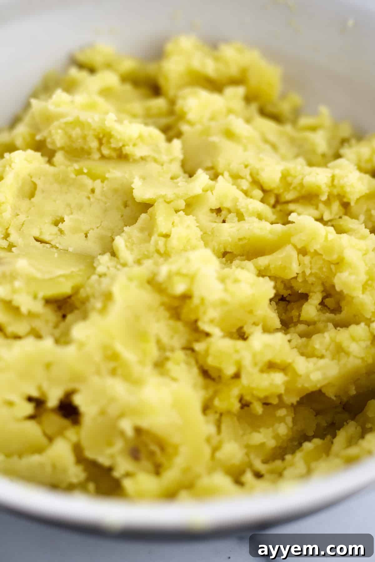 close up image of yukon gold mashed potatoes.