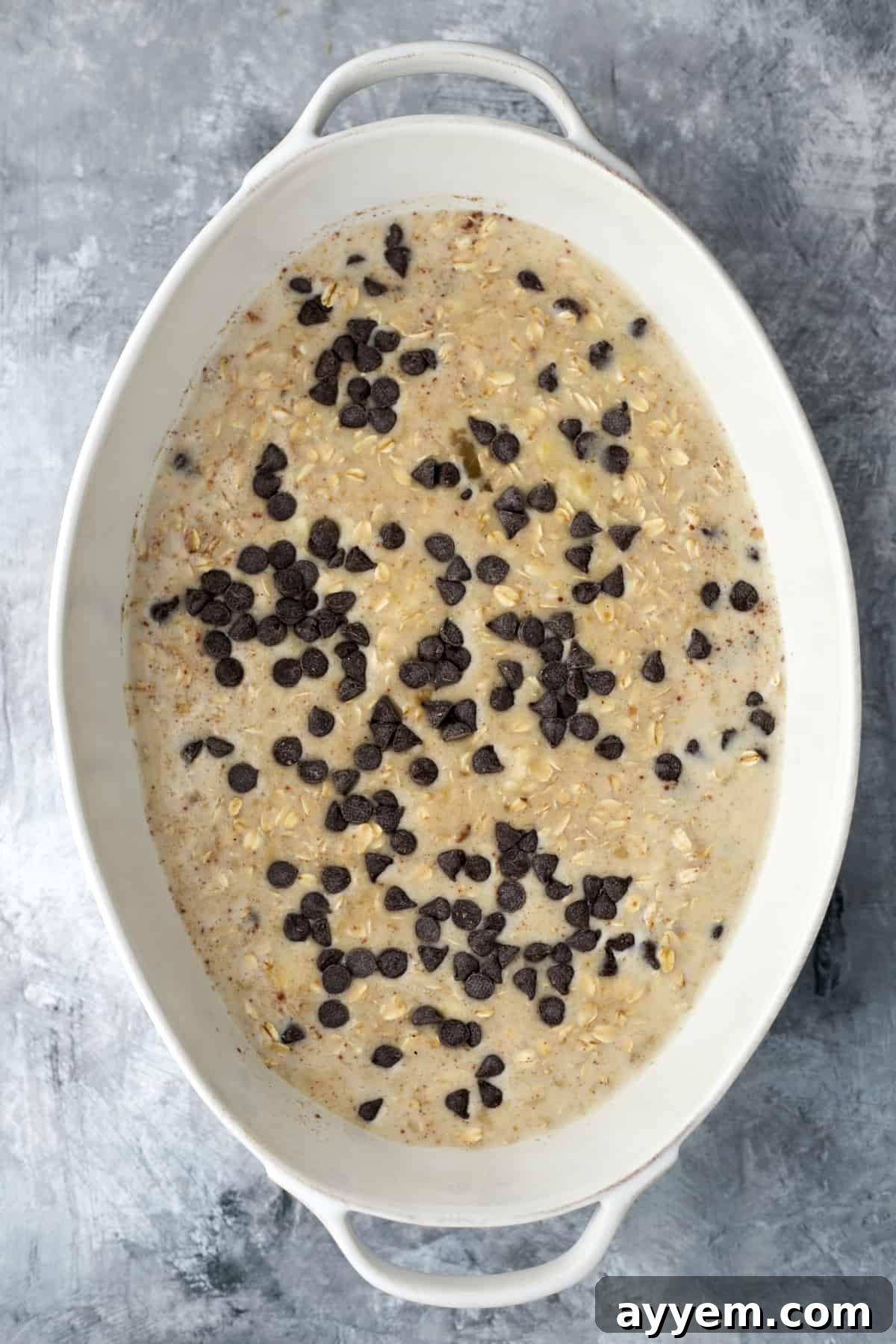 uncooked Banana Bread Oatmeal in a baking dish