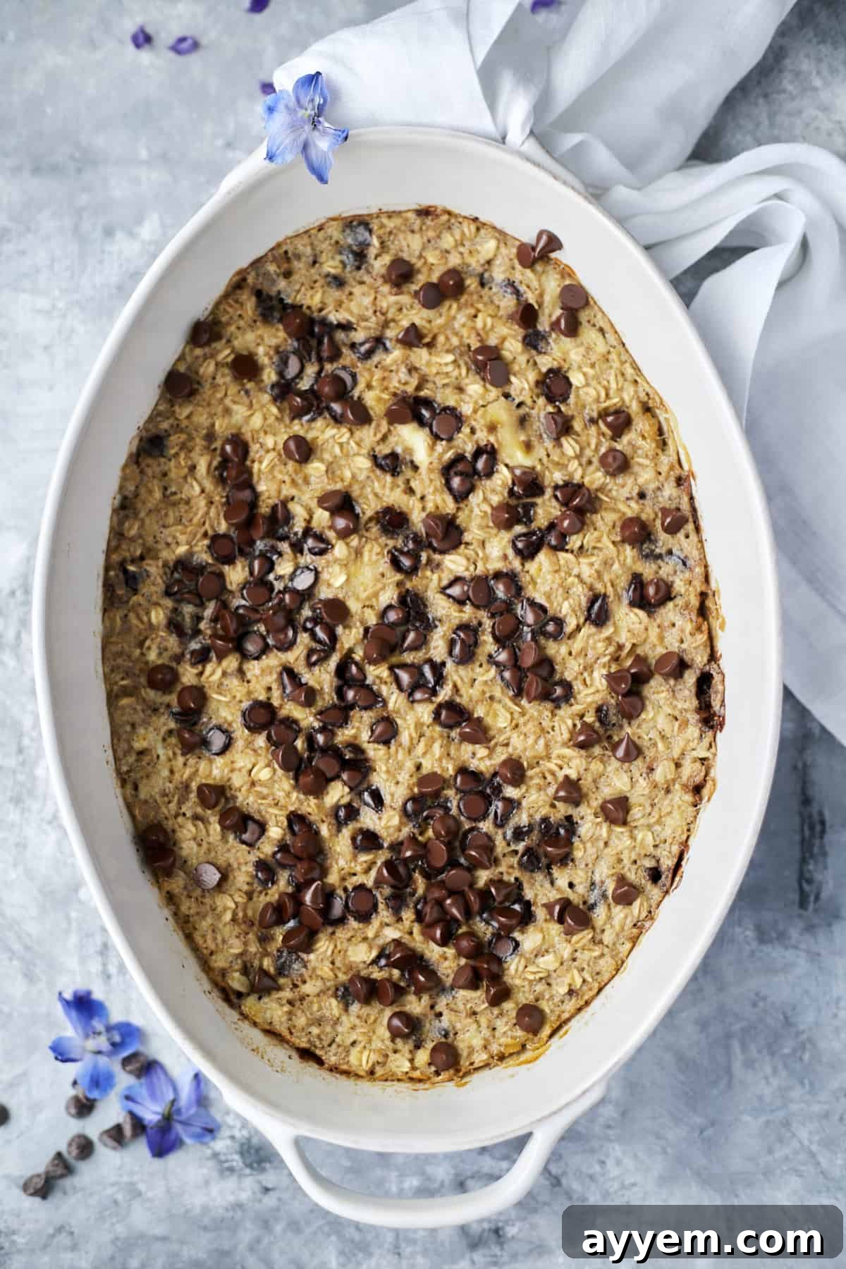Baked Banana Bread Oatmeal in a baking dish topped with dark chocolate chips