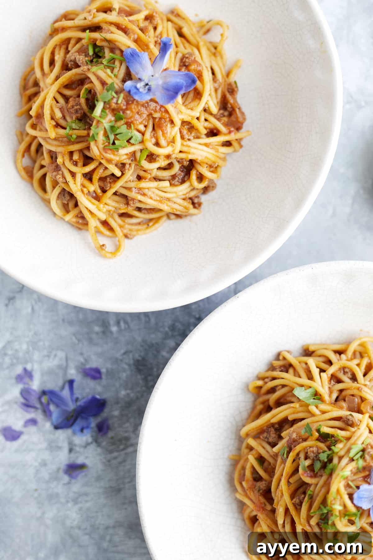 Overhead image of two white bowls, each filled with a generous serving of one-pot spaghetti with ground beef, ready to be enjoyed.