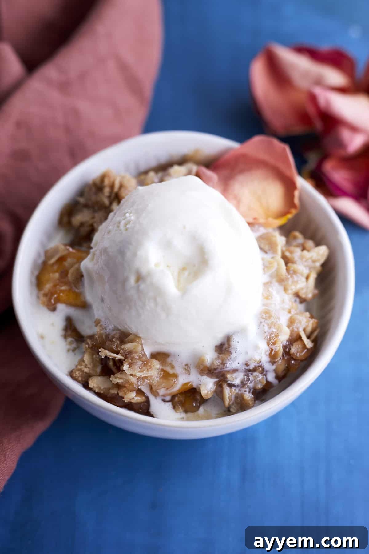 Delightfully Simple Peach Crisp 8 A small white bowl containing a single serving of warm peach crisp, topped with a scoop of slightly melted vanilla ice cream, creating a luscious contrast of textures and temperatures.